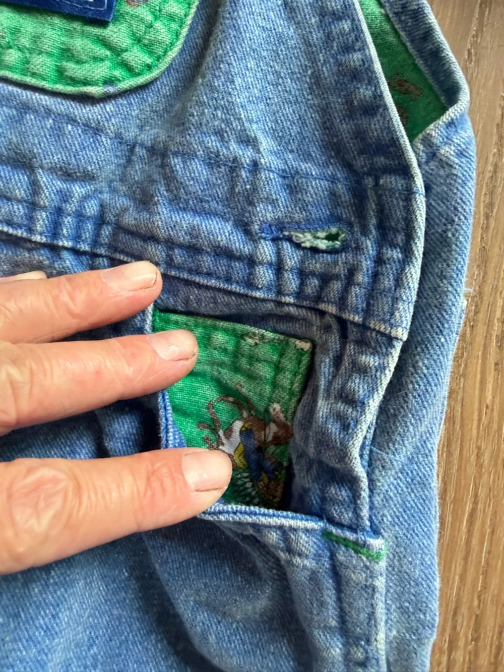 Vintage OshKosh B'gosh Blue Denim Overalls with Green Trim long sleeves